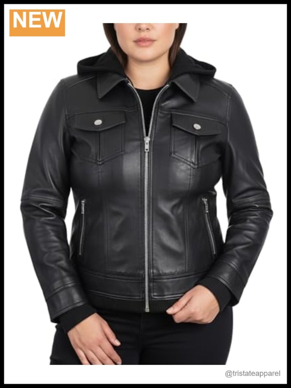Women's Lambskin Leather Jacket with Removable Hood Long Sleeve